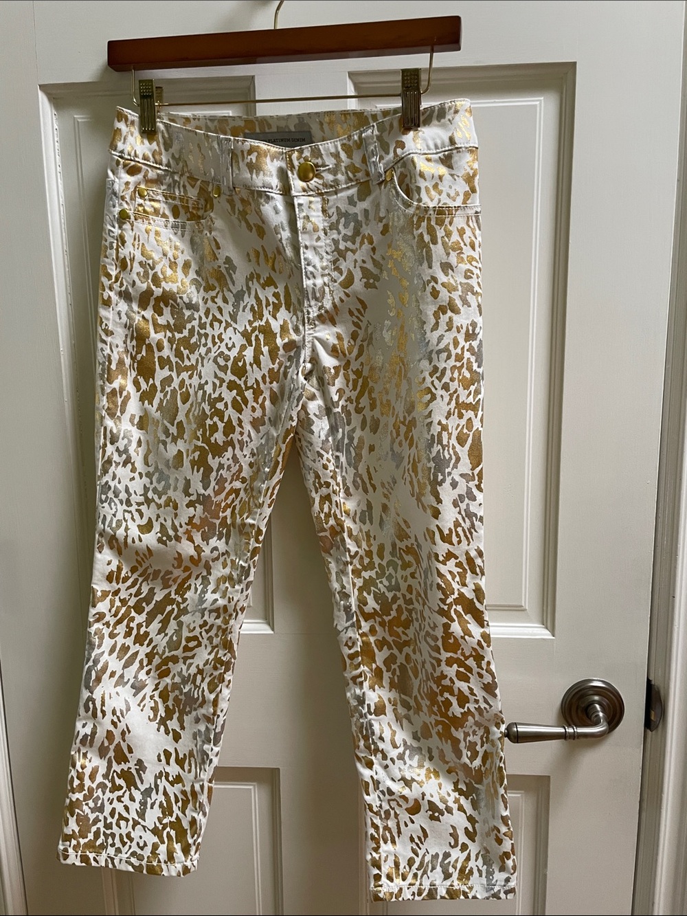 Chico's White Jeans with Gold Leopard Print